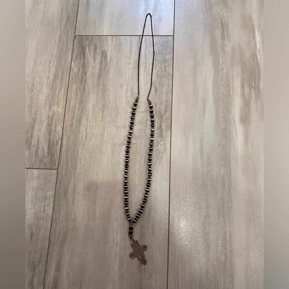 Long Handmade Ornate Metal Gothic Cross and Black Beaded Necklace